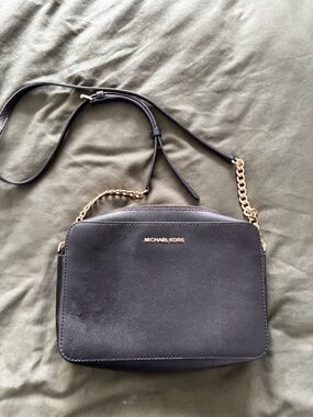 Michael Kors Black Saffiano Leather Crossbody with Gold Chain Accent